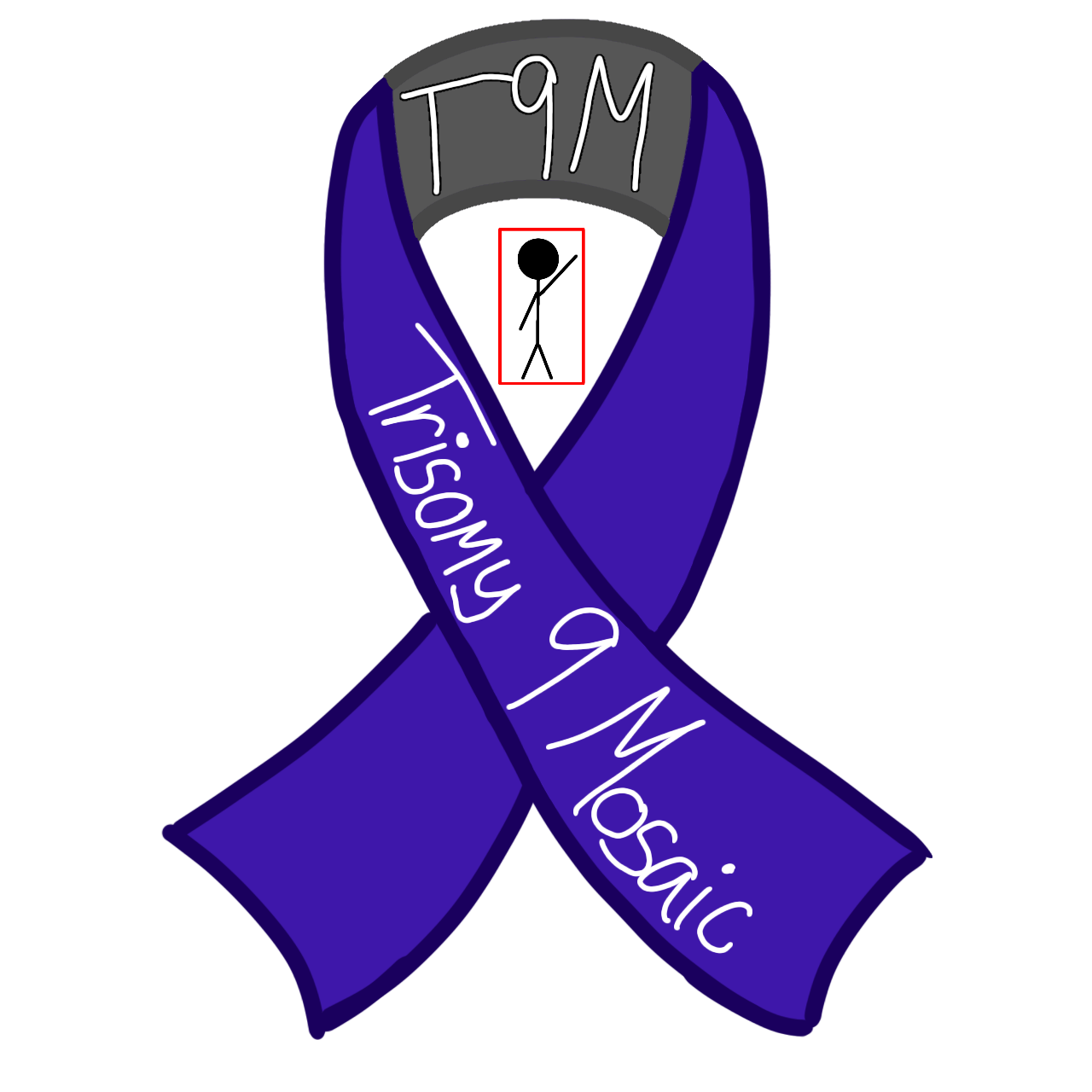 A transparent png image of a flat-colored ribbon. It is folded over itself in a manner similar to what awareness ribbons like the one for breast cancer are, where both the silver inside and purple exterior are visible at once. There is the text 'T 9 M' inside the silver portion and 'Trisomy 9 Mosaic' on the overlapping left-handed purple portion. In the open space at the top of this looped ribbon there is a red box around a waving stick figure to signify a person with Trisomy 9 Mosaicism.